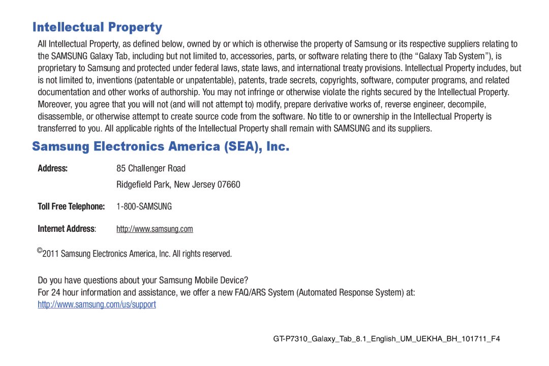 Samsung 8.9 user manual Address, Challenger Road, Samsung 