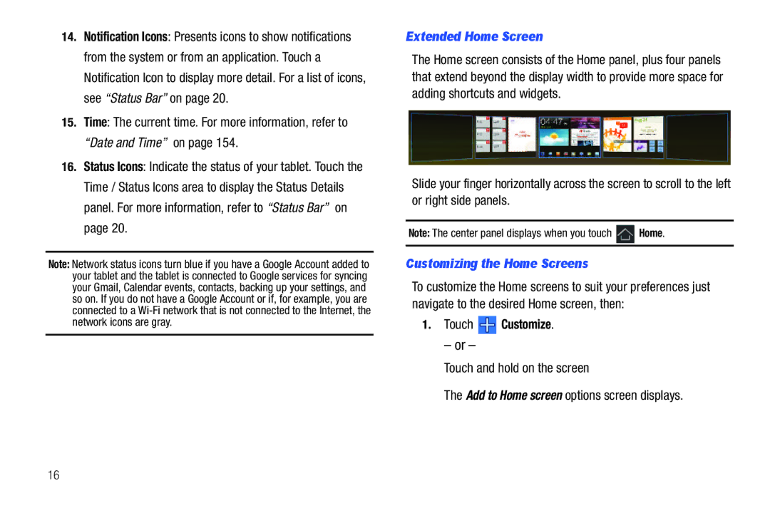 Samsung 8.9 user manual Extended Home Screen, Customizing the Home Screens, Touch Customize 