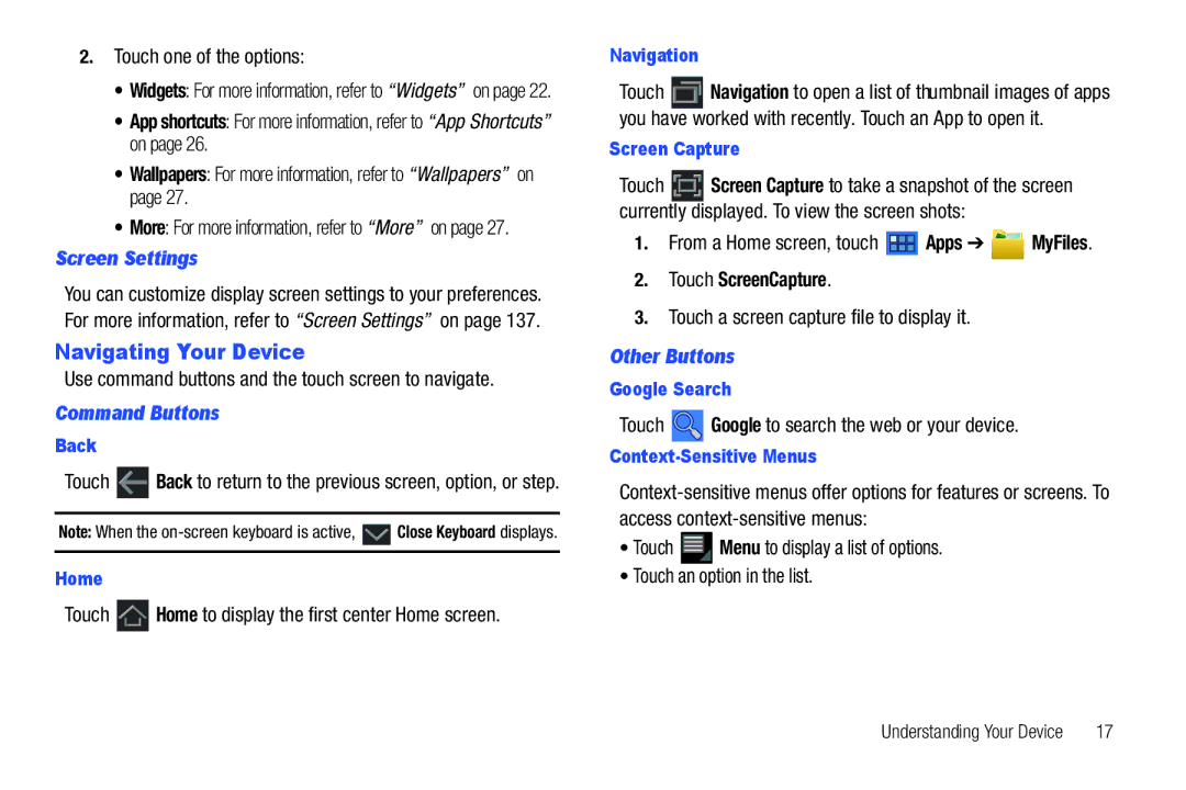 Samsung 8.9 user manual Navigating Your Device, Screen Settings, Command Buttons, Touch ScreenCapture, Other Buttons 