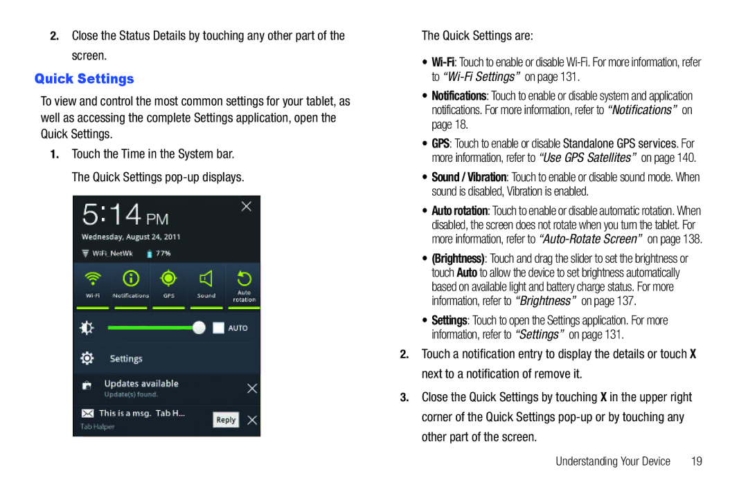 Samsung 8.9 user manual Quick Settings are 