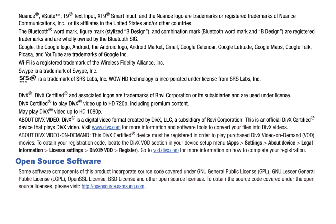 Samsung 8.9 user manual Open Source Software, May play DivX video up to HD 1080p 