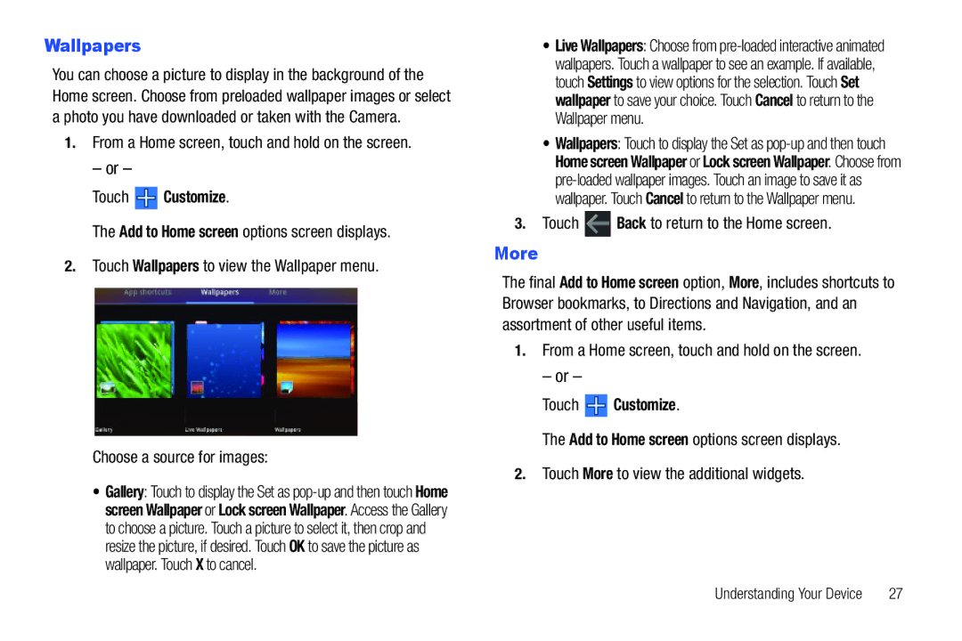 Samsung 8.9 user manual Wallpapers, More, From a Home screen, touch and hold on the screen 