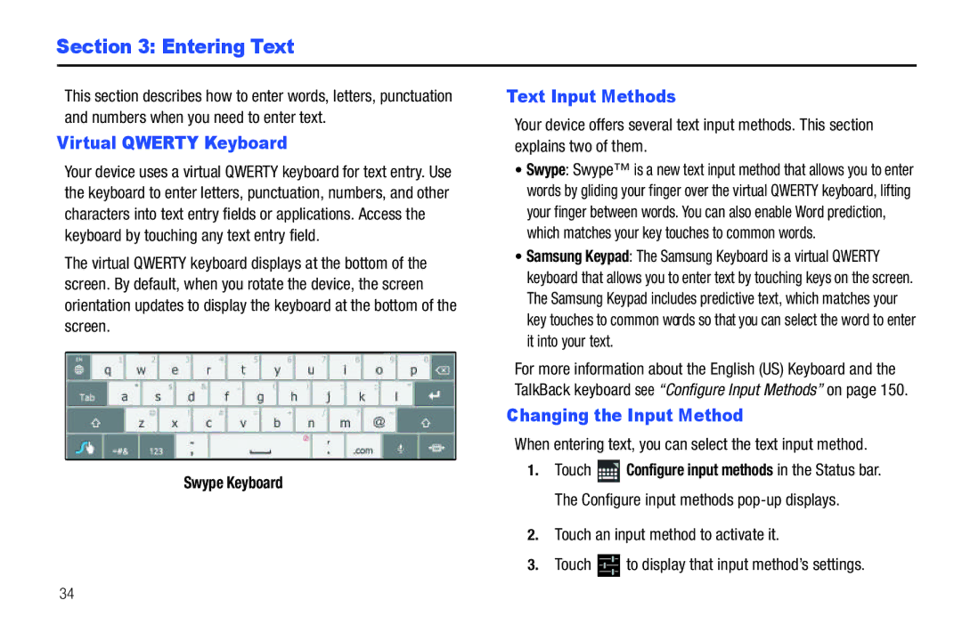 Samsung 8.9 Entering Text, Virtual Qwerty Keyboard, Text Input Methods, Changing the Input Method, Swype Keyboard 