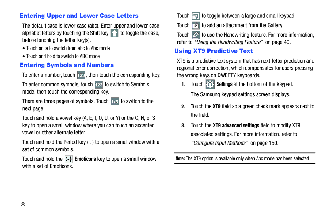 Samsung 8.9 user manual Entering Upper and Lower Case Letters, Entering Symbols and Numbers, Using XT9 Predictive Text 