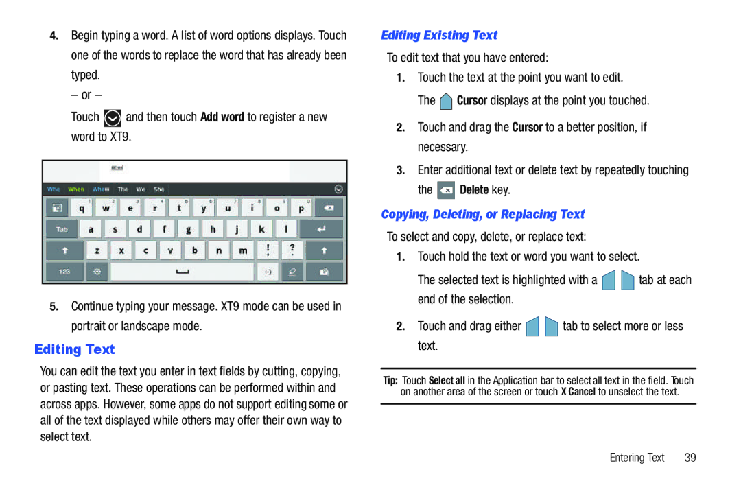 Samsung 8.9 user manual Editing Text, Editing Existing Text, Delete key, Copying, Deleting, or Replacing Text 