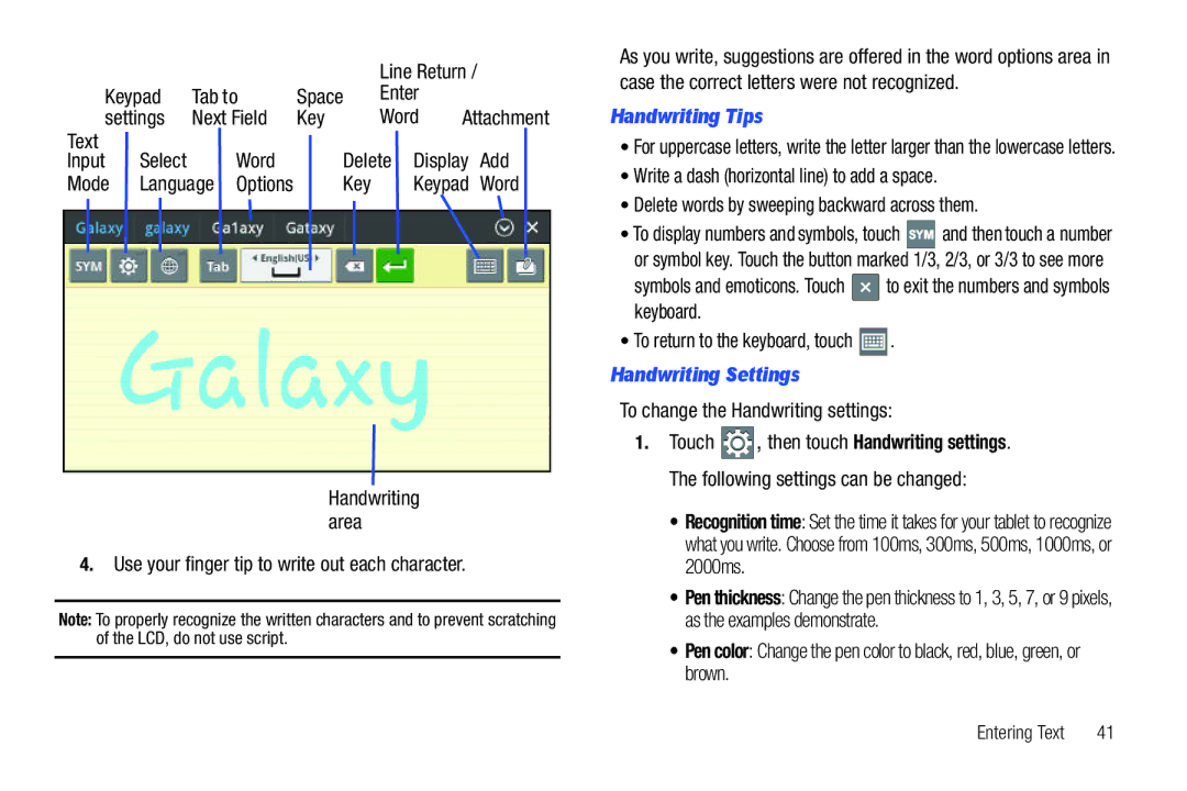 Samsung 8.9 user manual Handwriting Tips, Handwriting Settings 