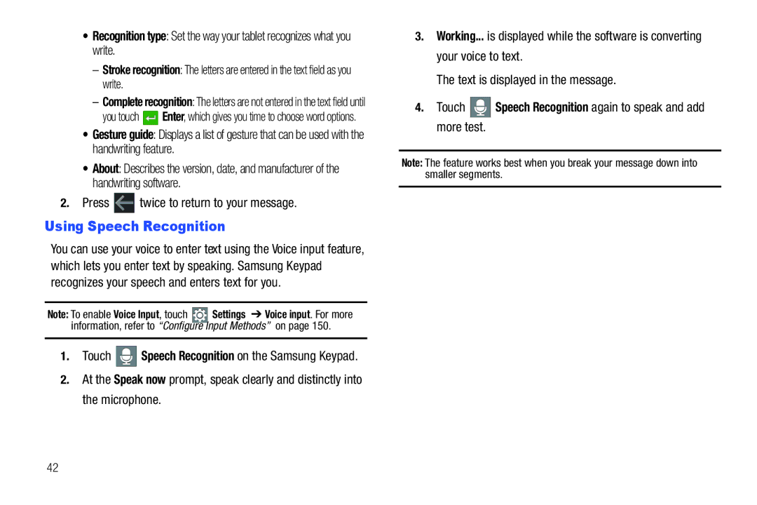 Samsung 8.9 user manual Using Speech Recognition, Press twice to return to your message 