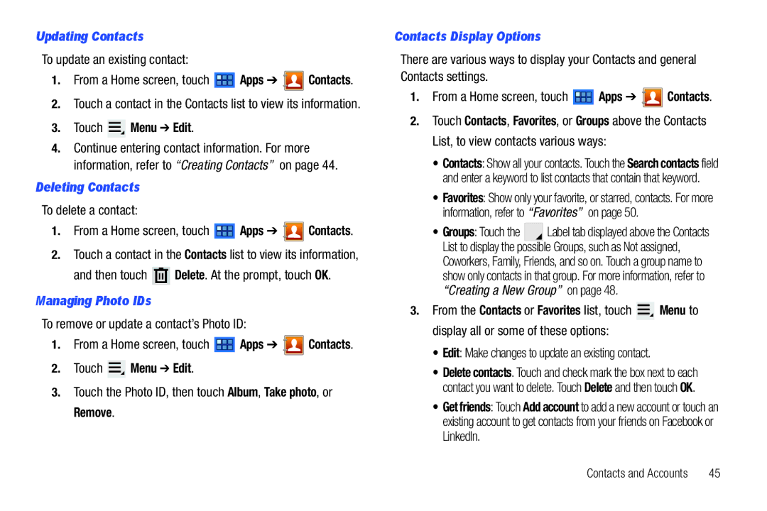 Samsung 8.9 user manual Updating Contacts, Deleting Contacts, Managing Photo IDs, Contacts Display Options 