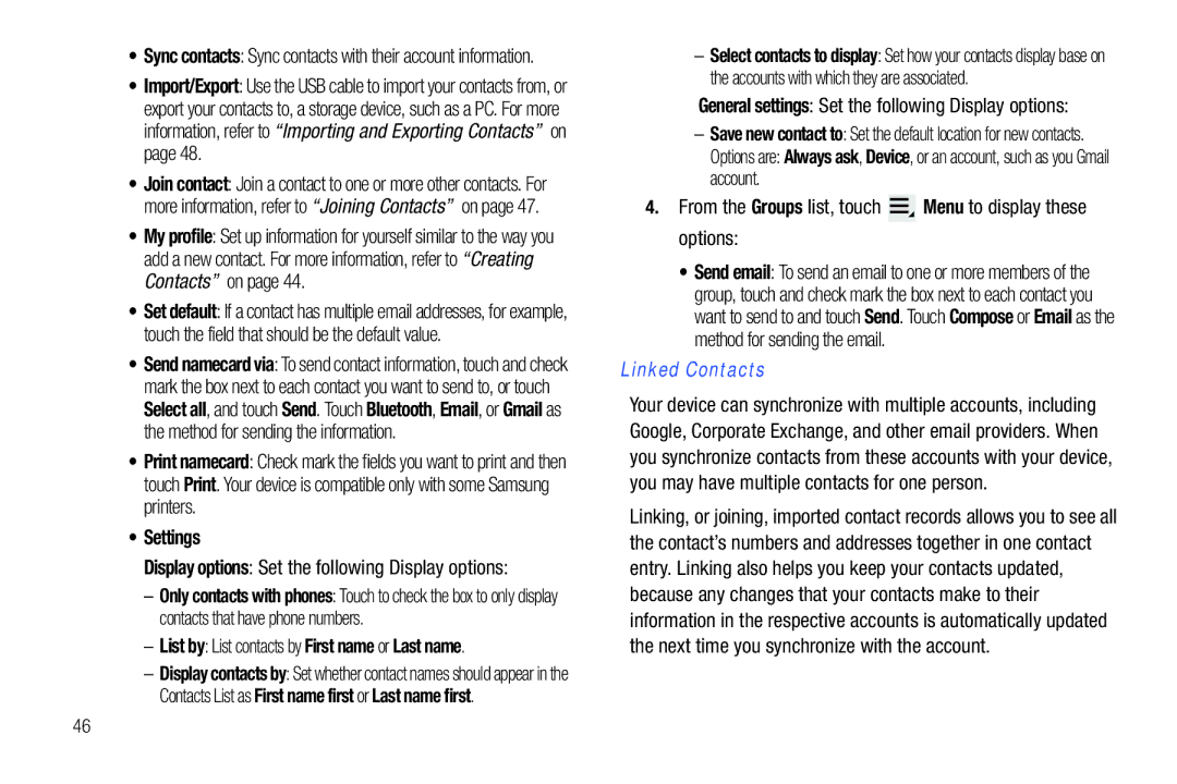 Samsung 8.9 user manual Settings, Linked Contacts, Display options Set the following Display options 