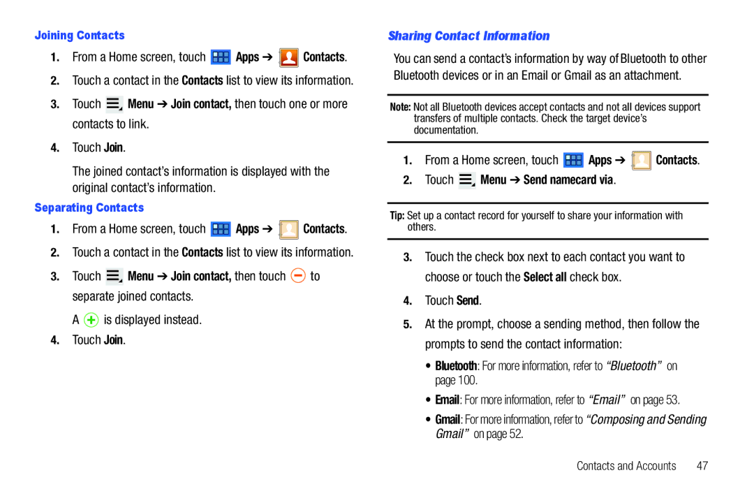 Samsung 8.9 user manual Sharing Contact Information, Touch Menu Send namecard via 