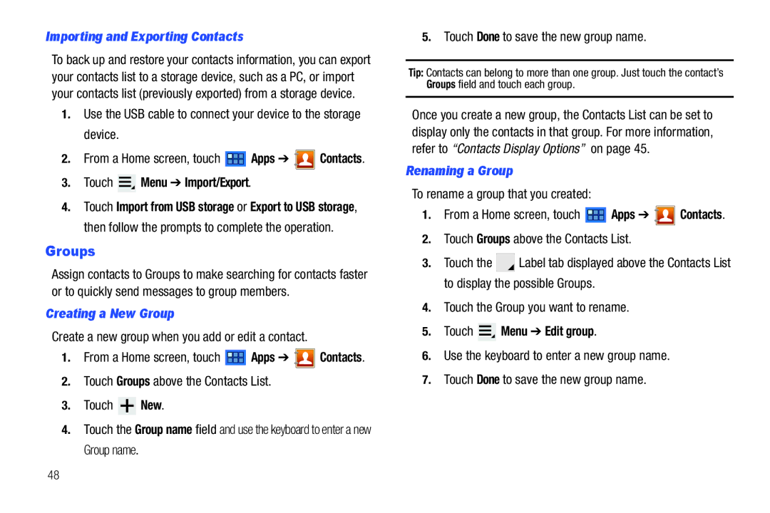 Samsung 8.9 user manual Groups, Importing and Exporting Contacts, Creating a New Group, Renaming a Group 