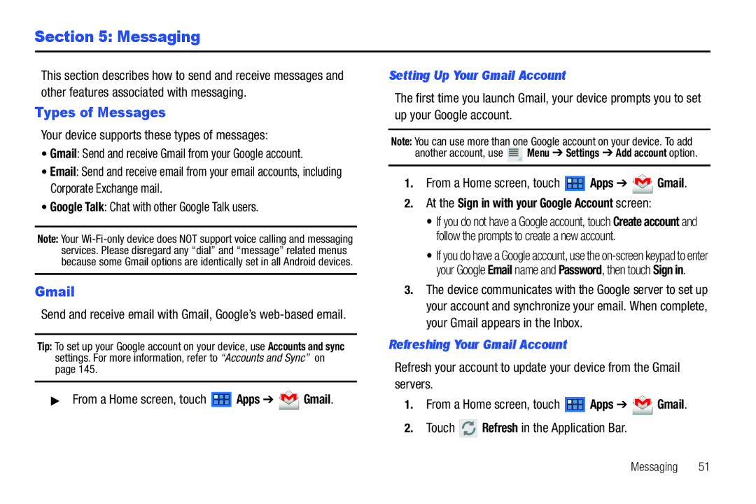 Samsung 8.9 user manual Messaging, Types of Messages, Setting Up Your Gmail Account, Refreshing Your Gmail Account 