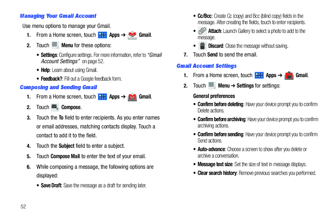 Samsung 8.9 user manual Managing Your Gmail Account, Composing and Sending Gmail, Touch Compose, Gmail Account Settings 