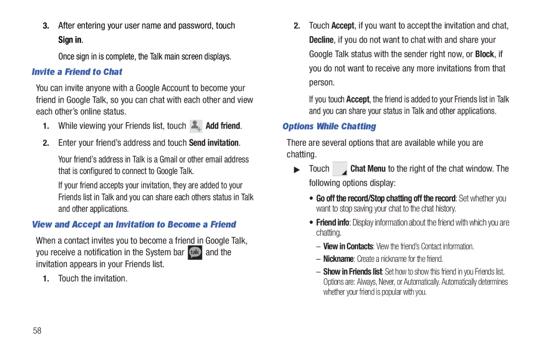 Samsung 8.9 Sign, Invite a Friend to Chat, View and Accept an Invitation to Become a Friend, Options While Chatting 