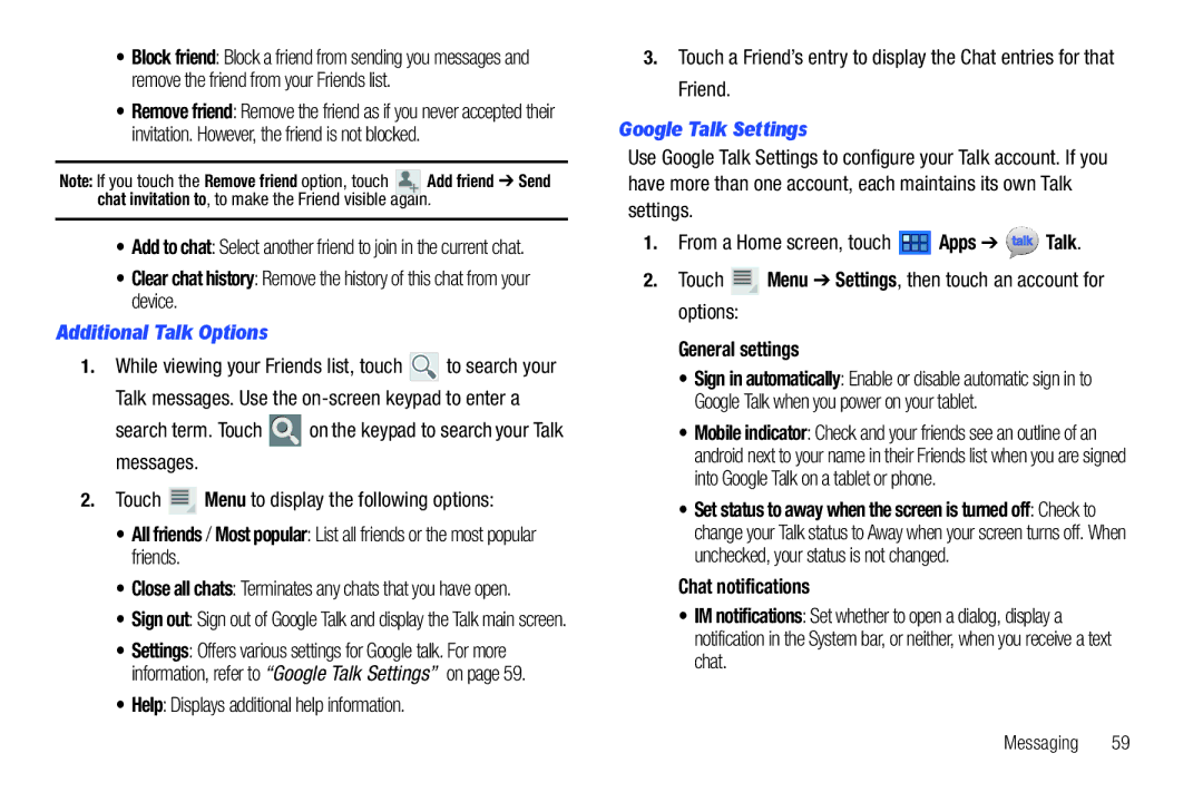 Samsung 8.9 user manual Additional Talk Options, Google Talk Settings, Chat notifications 