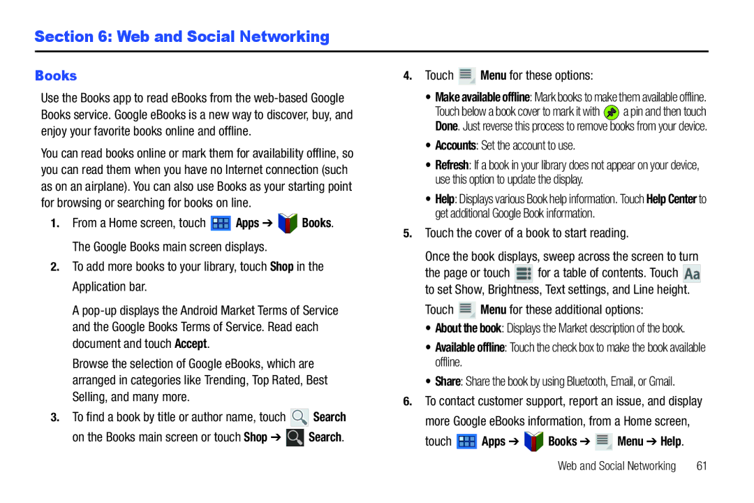 Samsung 8.9 user manual Web and Social Networking, Touch Apps Books Menu Help 