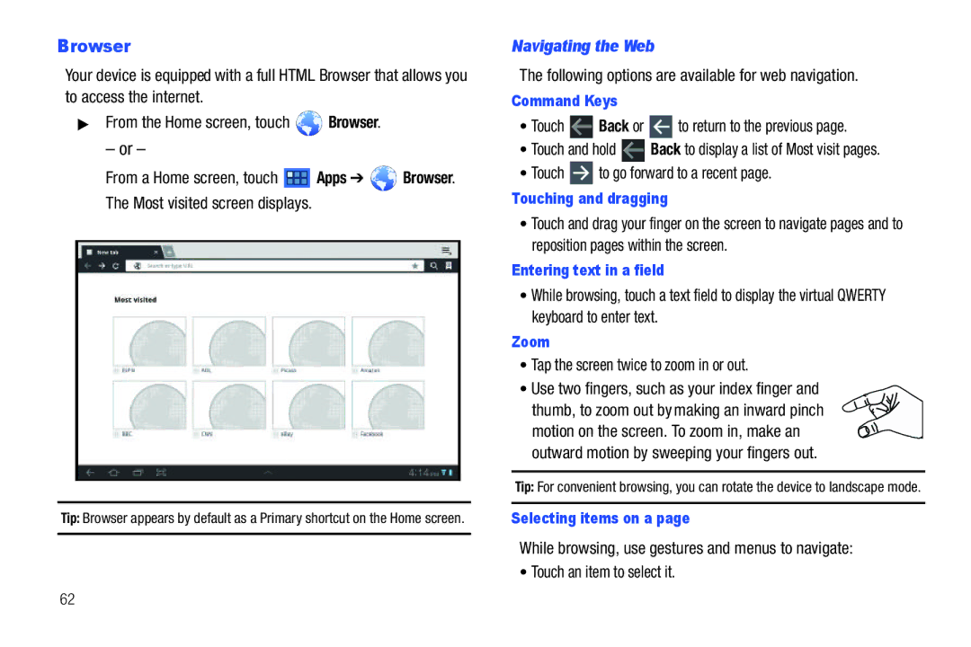 Samsung 8.9 user manual Browser, Navigating the Web, Following options are available for web navigation 