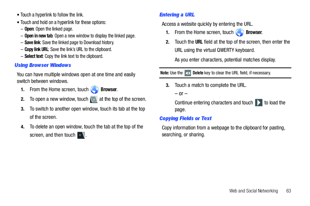 Samsung 8.9 user manual Using Browser Windows, Screen, and then touch, Entering a URL, Copying Fields or Text 