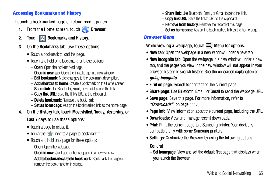Samsung 8.9 user manual Touch Bookmarks and History, Browser Menu, General 