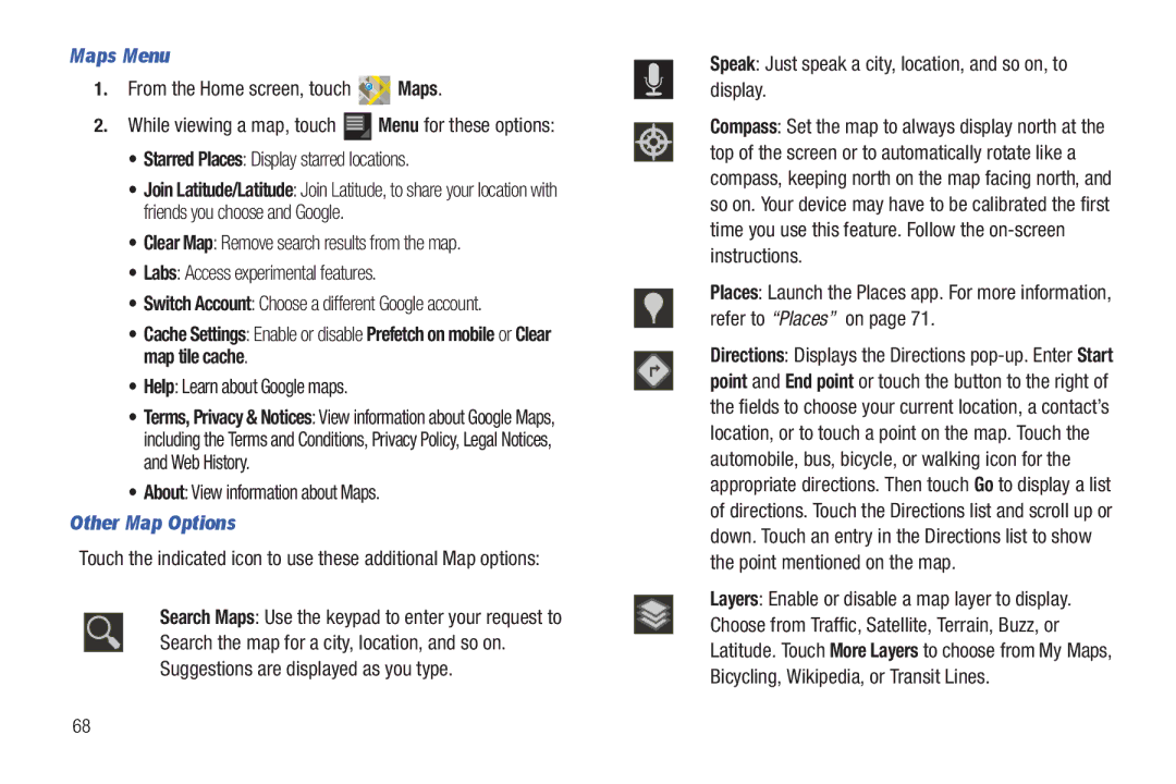 Samsung 8.9 user manual Maps Menu, Help Learn about Google maps, About View information about Maps, Other Map Options 