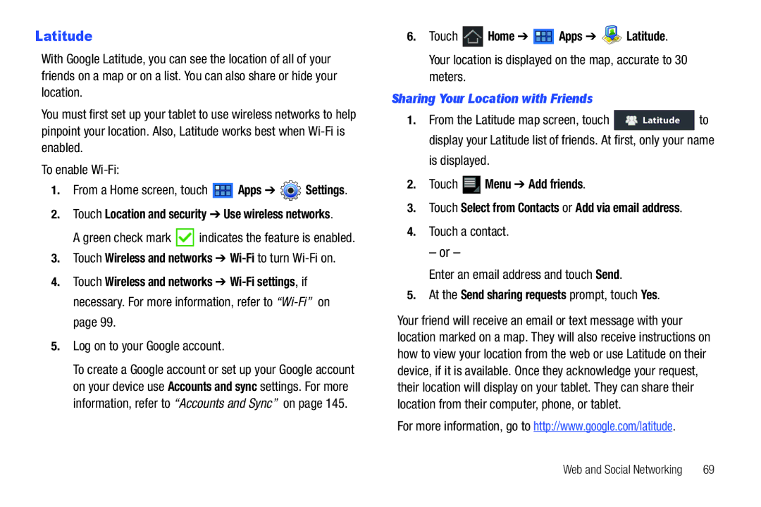 Samsung 8.9 user manual Touch Home Apps Latitude, Sharing Your Location with Friends, Touch Menu Add friends 