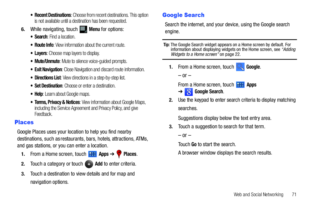 Samsung 8.9 user manual Places, Google Search, Layers Choose map layers to display 