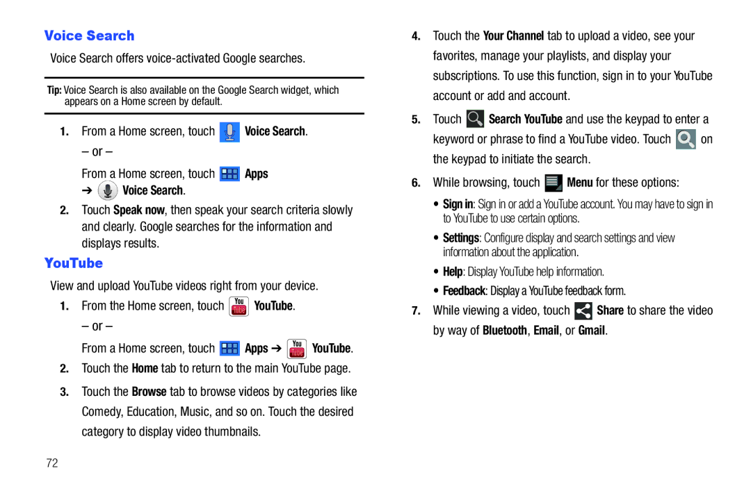 Samsung 8.9 user manual Voice Search, YouTube 