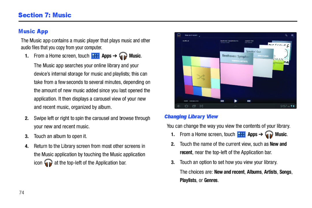 Samsung 8.9 user manual Music App, Changing Library View, Playlists, or Genres 