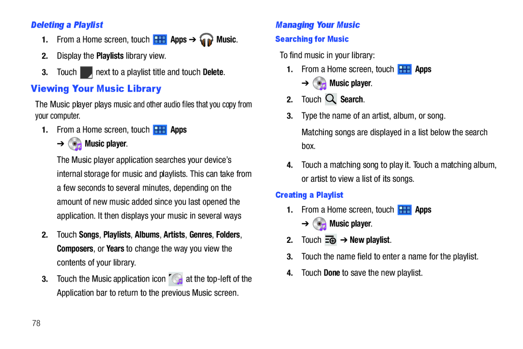 Samsung 8.9 user manual Viewing Your Music Library, Deleting a Playlist, Music player, Managing Your Music 