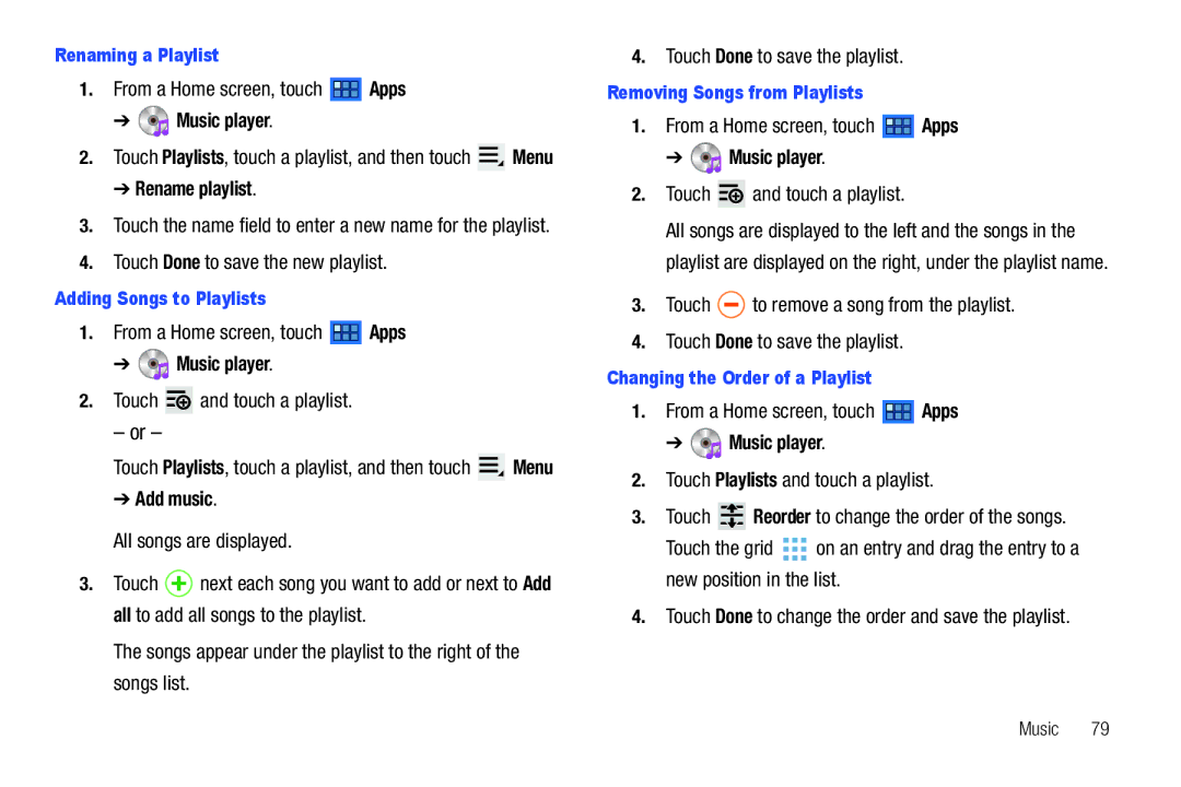 Samsung 8.9 user manual Rename playlist, Touch and touch a playlist, Add music 