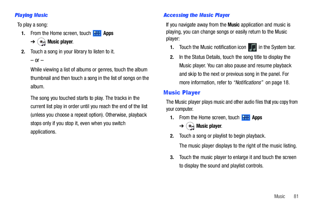 Samsung 8.9 user manual To play a song From the Home screen, touch Apps, Accessing the Music Player 