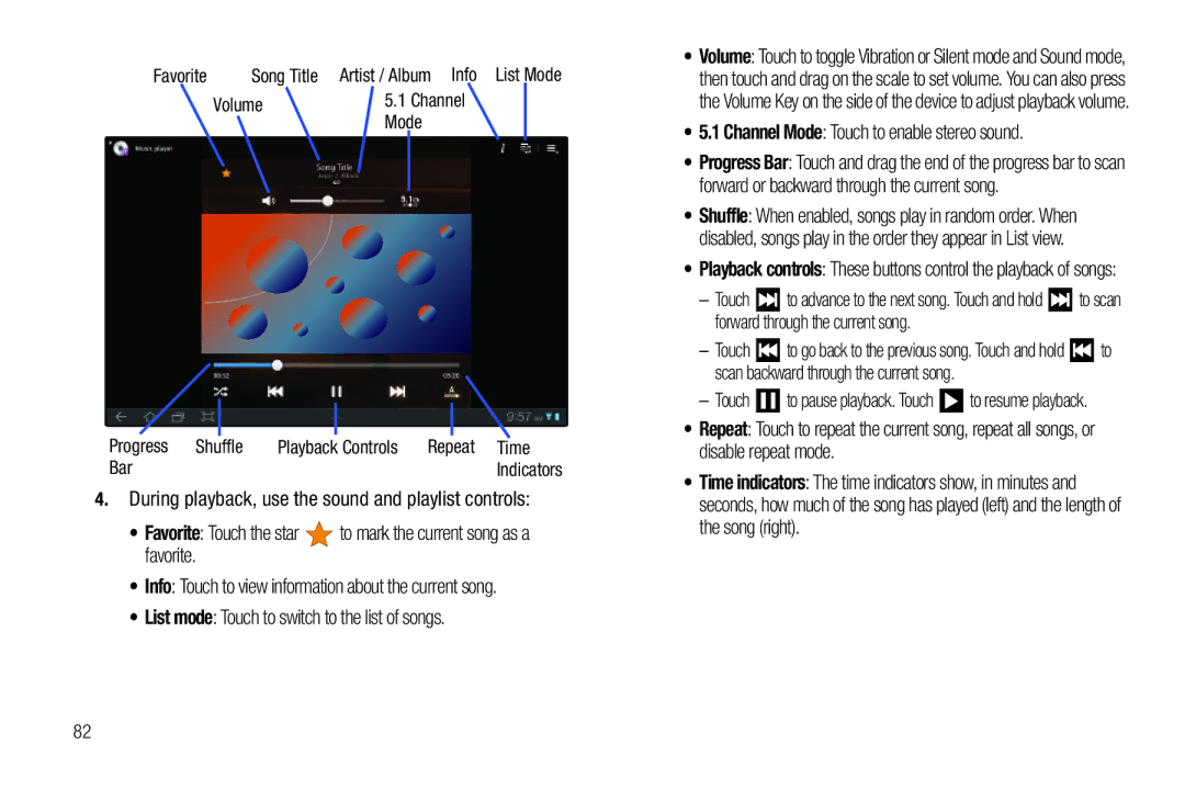 Samsung 8.9 Song Title, Volume Channel Mode Progress Shuffle, Repeat Time, Bar, Channel Mode Touch to enable stereo sound 