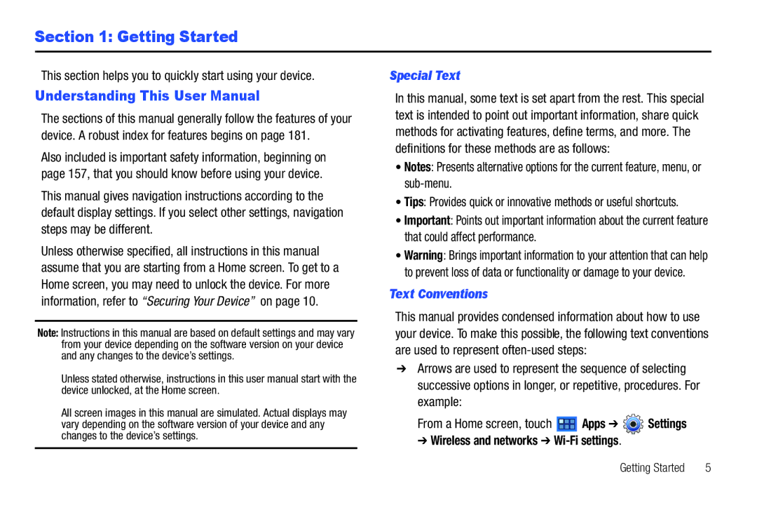 Samsung 8.9 Getting Started, This section helps you to quickly start using your device, Special Text, Text Conventions 