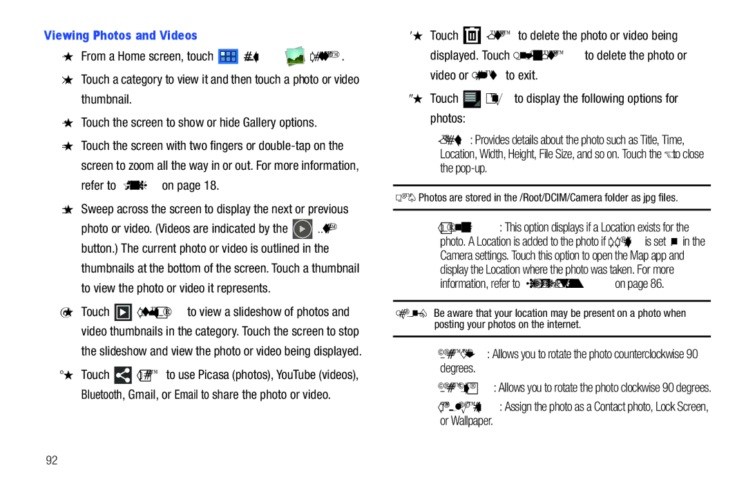 Samsung 8.9 user manual Viewing Photos and Videos, Touch Menu to display the following options for photos 