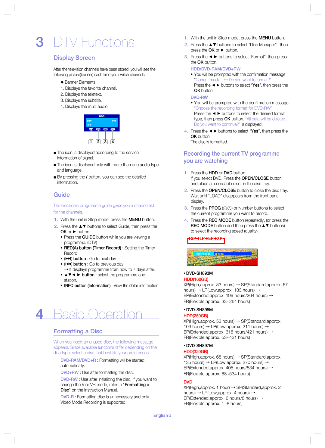 Samsung 895M setup guide DTV Functions, Basic Operation 