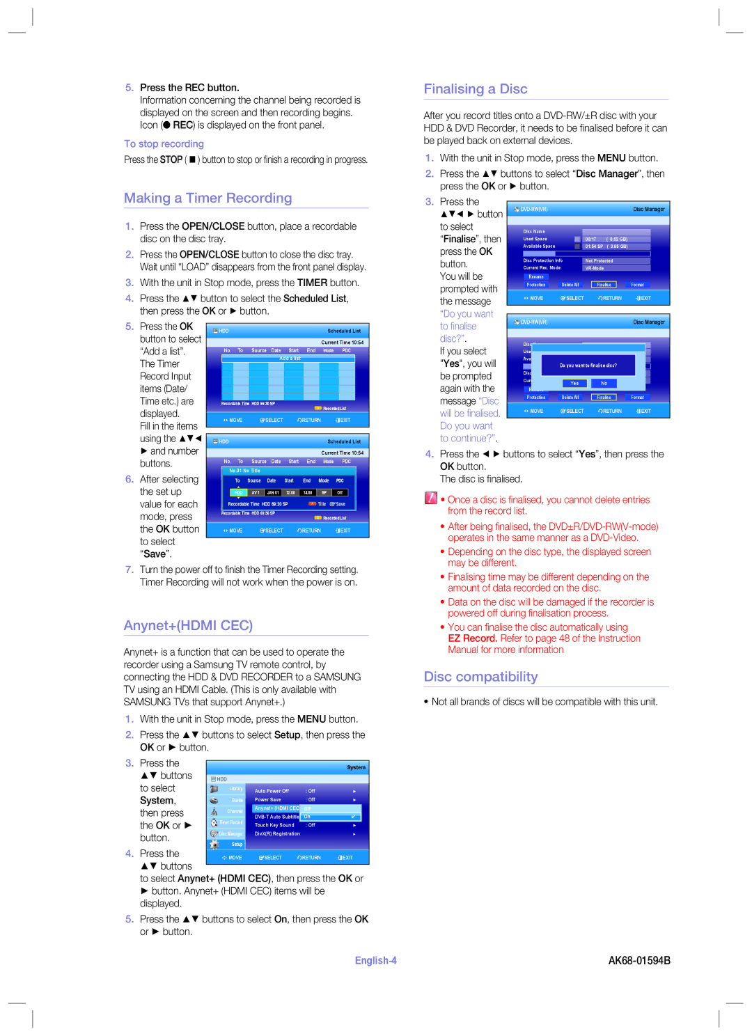 Samsung 895M setup guide Finalising a Disc, Making a Timer Recording, Anynet+HDMI CEC, Disc compatibility 