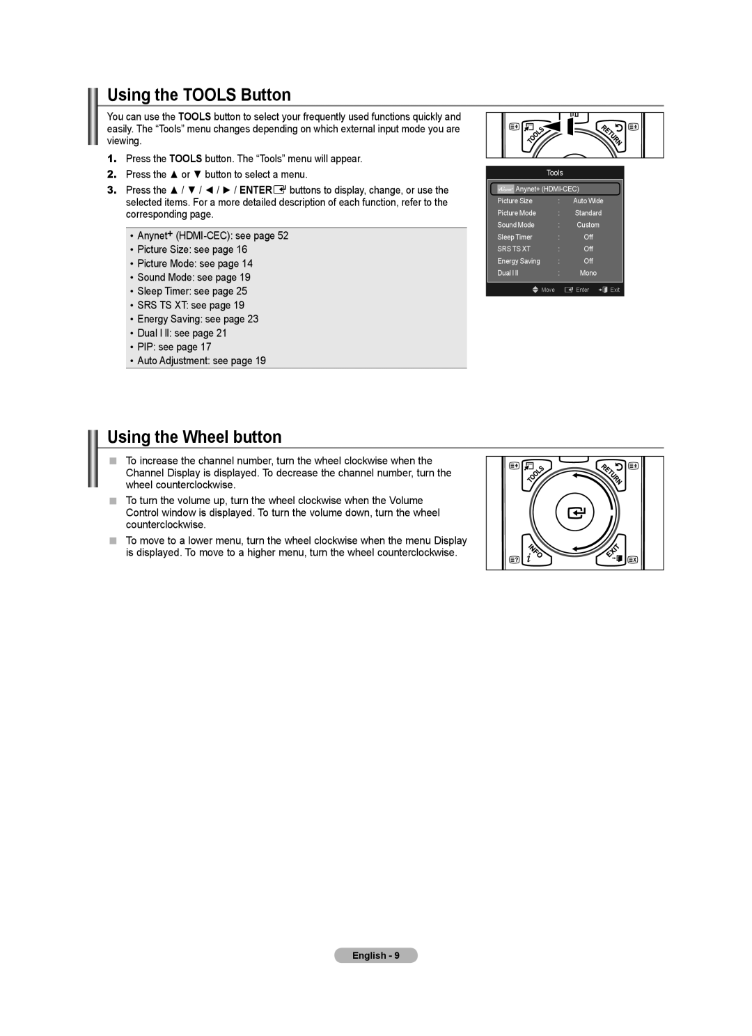 Samsung 9 Series user manual Using the Wheel button, Press the or button to select a menu 