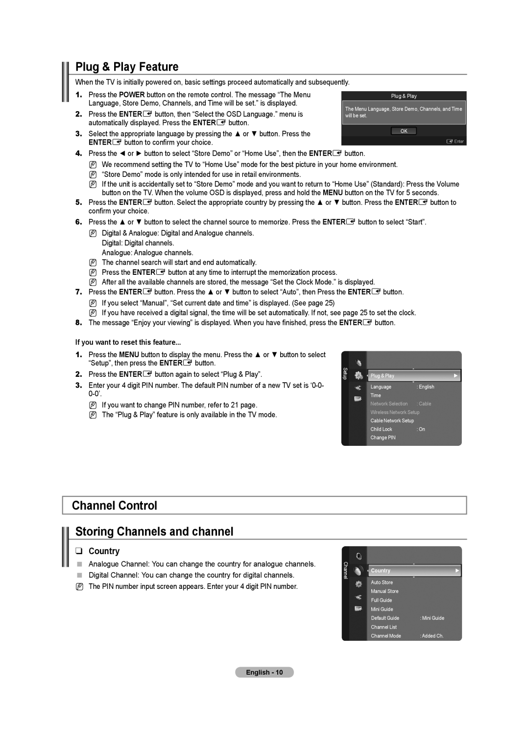 Samsung 9 Series user manual Plug & Play Feature, Channel Control Storing Channels and channel, Country 