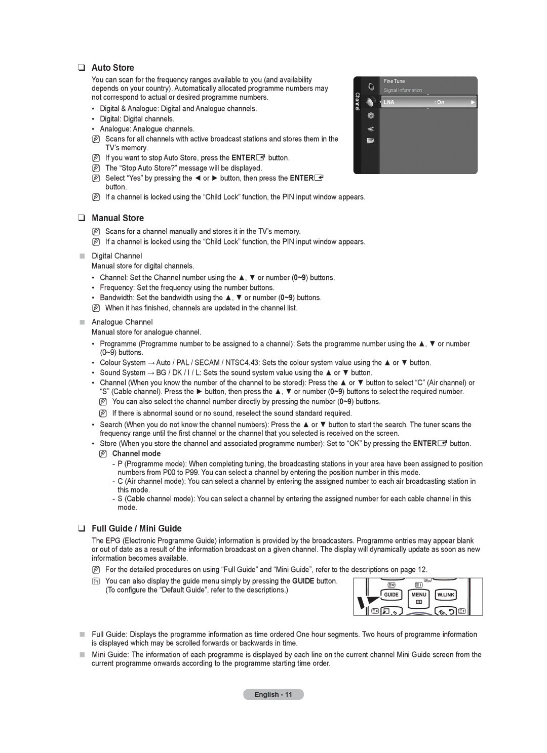 Samsung 9 Series Auto Store, Manual Store, Full Guide / Mini Guide, Not correspond to actual or desired programme numbers 