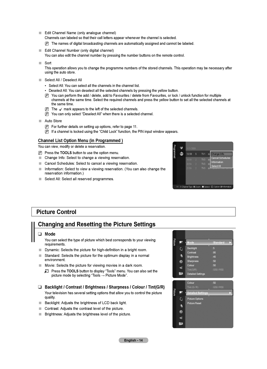 Samsung 9 Series Picture Control Changing and Resetting the Picture Settings, Channel List Option Menu in Programmed, Mode 