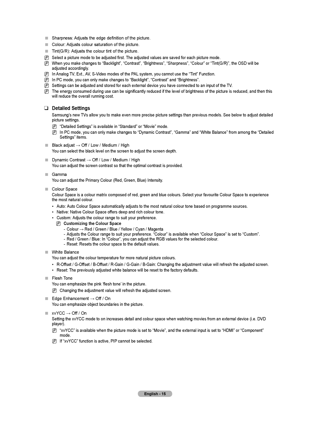 Samsung 9 Series user manual Detailed Settings, Customizing the Colour Space 