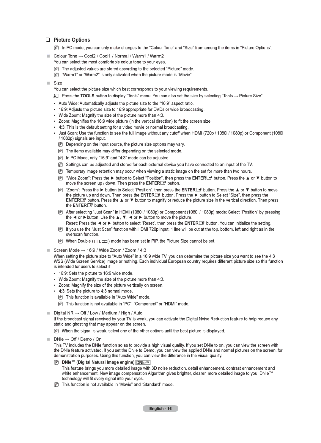 Samsung 9 Series user manual Picture Options, 1080p signals are input, DNIe Digital Natural Image engine DNIe 