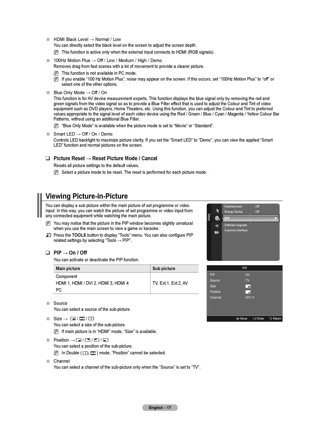 Samsung 9 Series user manual Viewing Picture-in-Picture, Picture Reset → Reset Picture Mode / Cancel, PIP → On / Off 