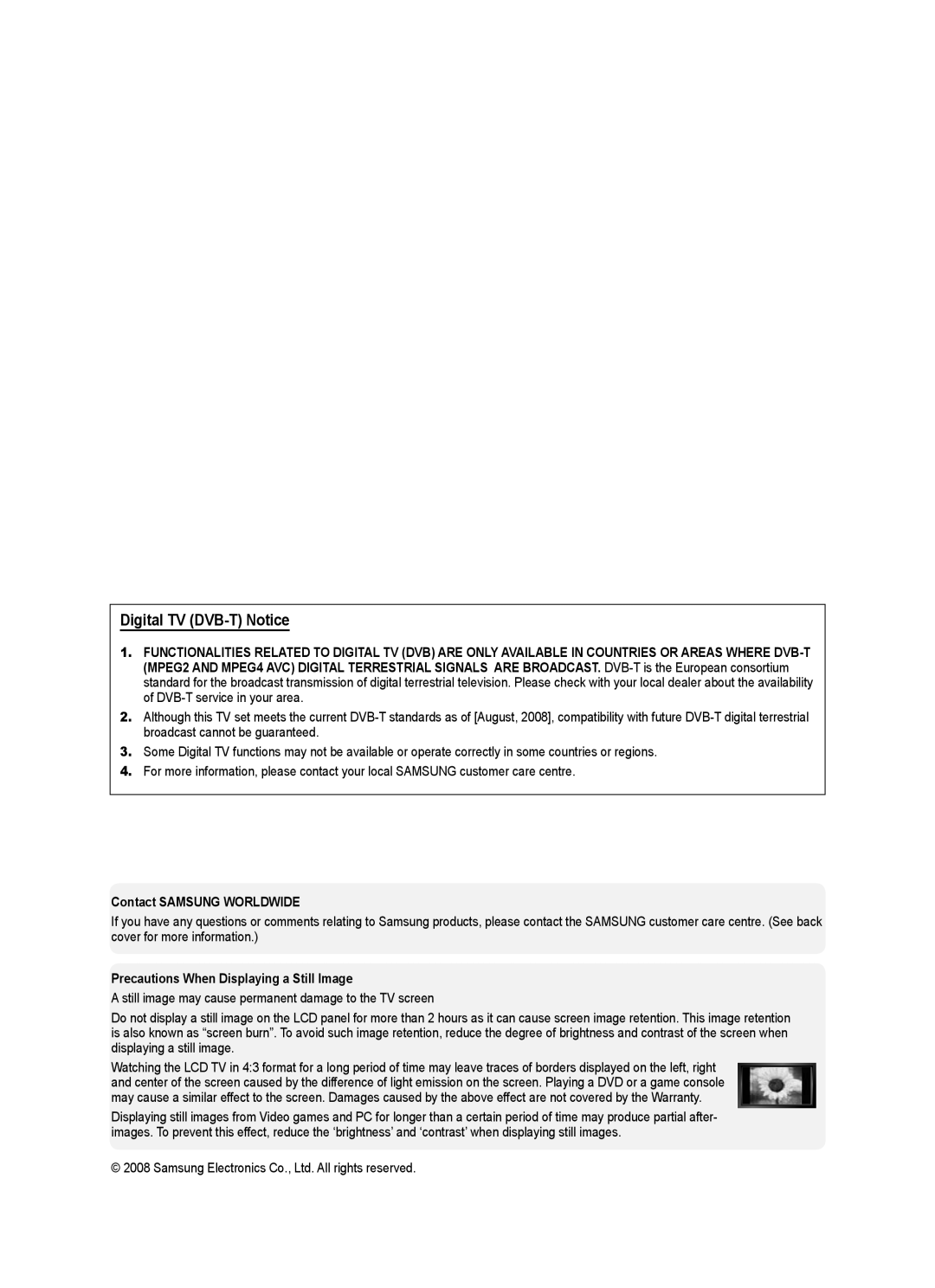 Samsung 9 Series user manual Digital TV DVB-T Notice, Contact Samsung Worldwide, Precautions When Displaying a Still Image 