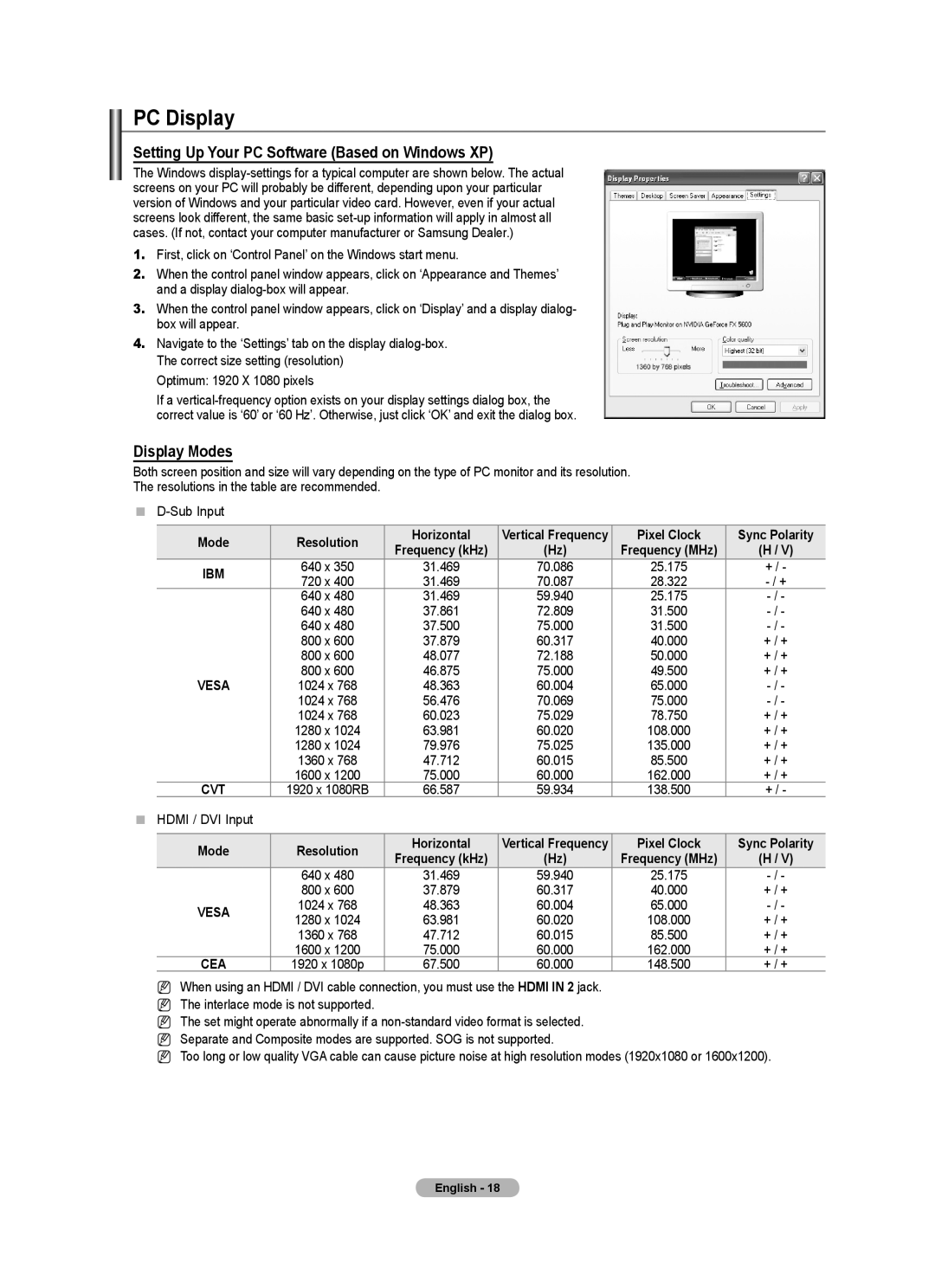 Samsung 9 Series PC Display, Setting Up Your PC Software Based on Windows XP, Display Modes, Mode Resolution Horizontal 