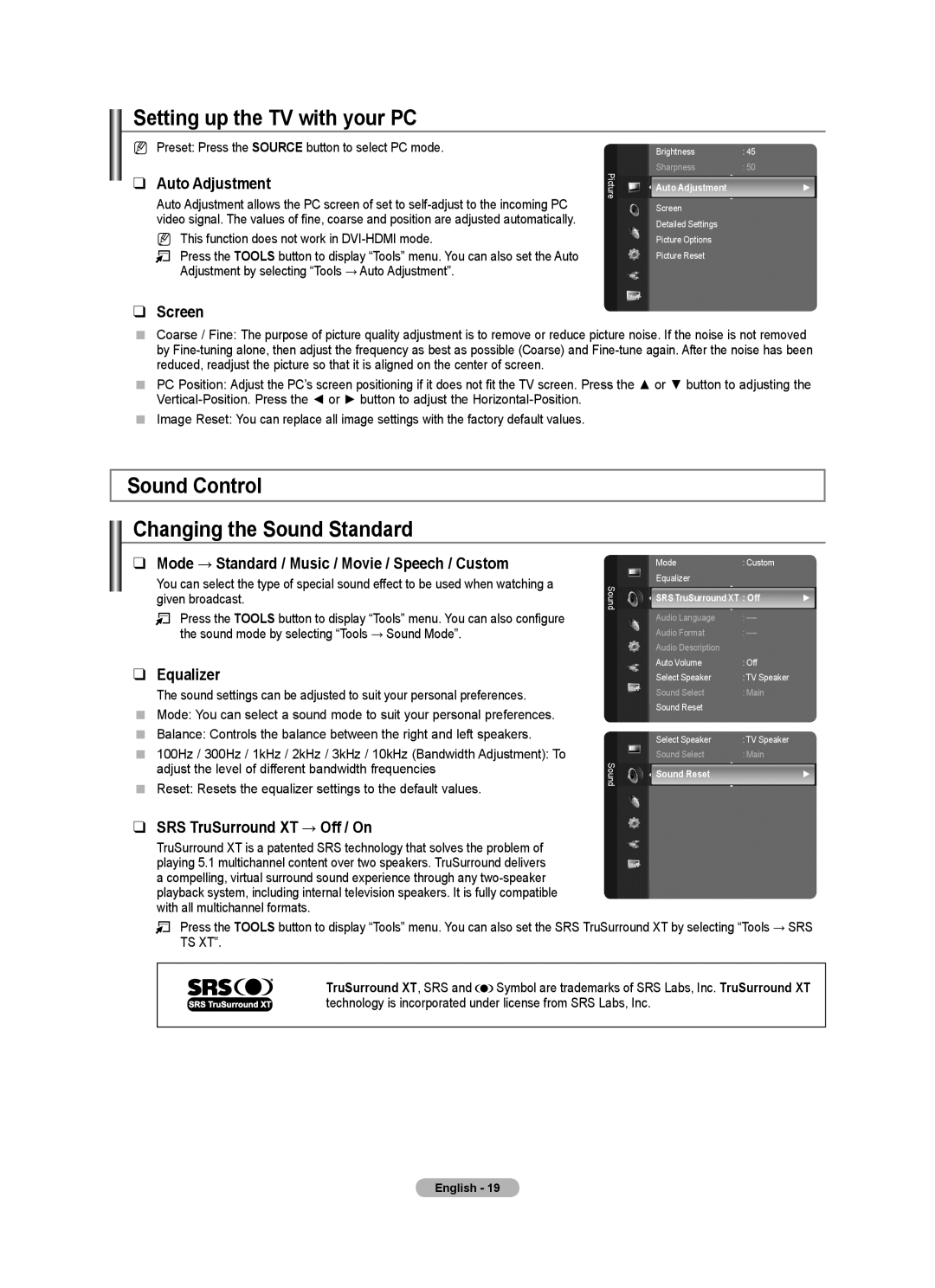 Samsung 9 Series user manual Setting up the TV with your PC, Sound Control Changing the Sound Standard 