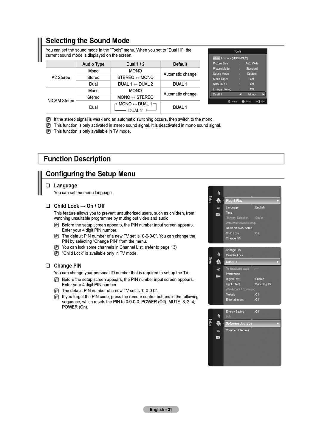 Samsung 9 Series Selecting the Sound Mode, Function Description Configuring the Setup Menu, Language, Change PIN 