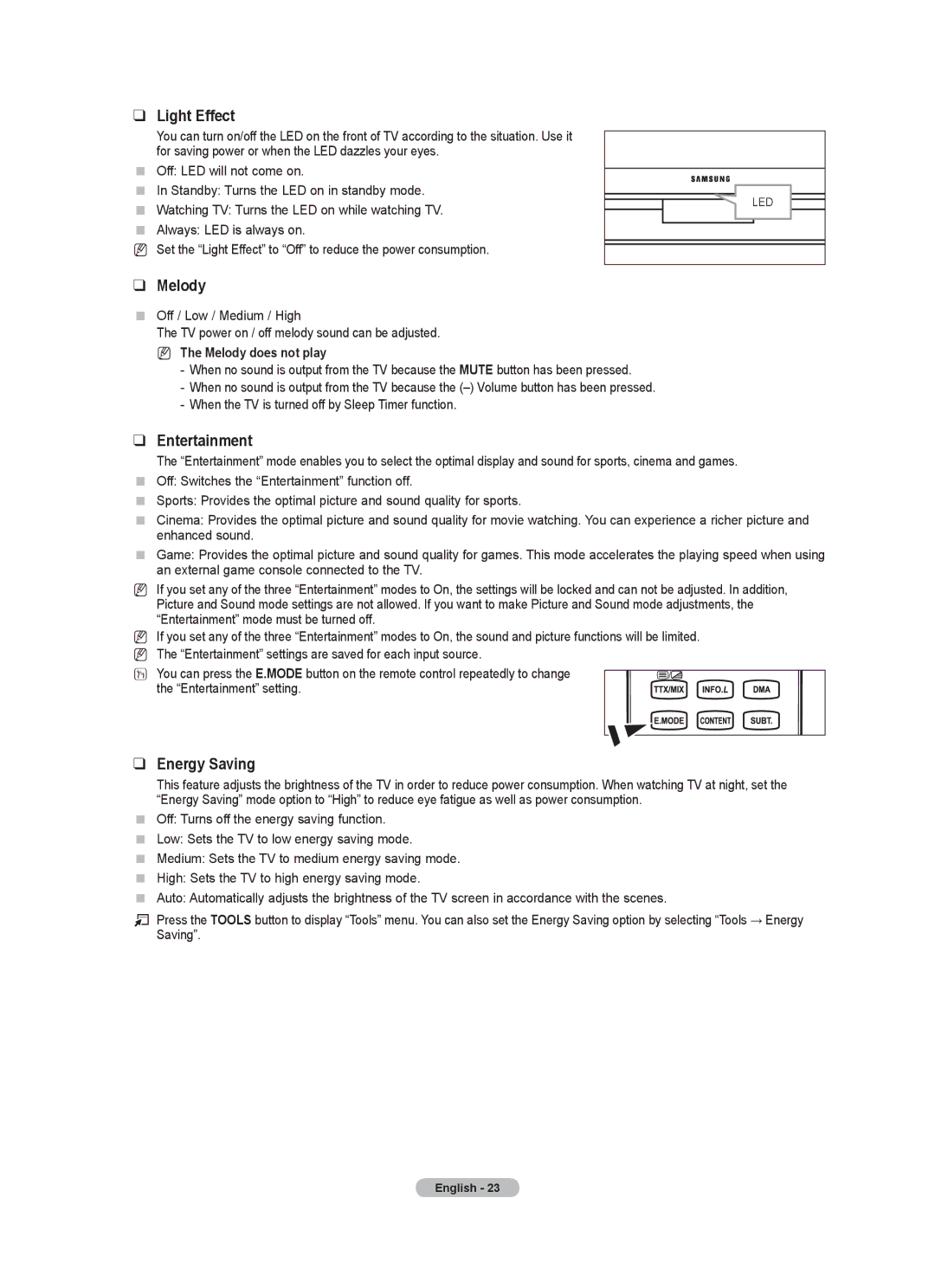 Samsung 9 Series user manual Light Effect, Entertainment, Energy Saving, Melody does not play 