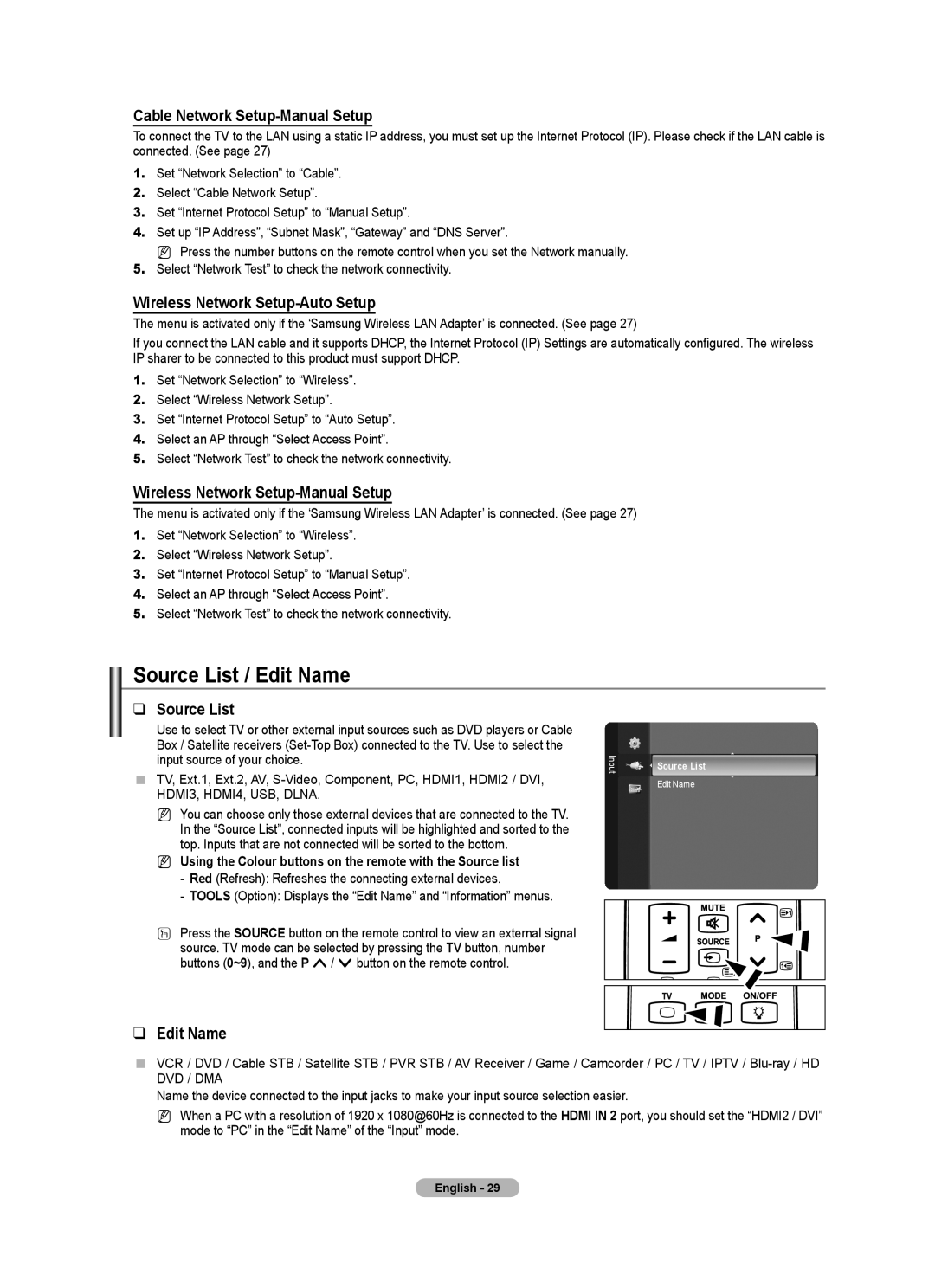 Samsung 9 Series user manual Source List / Edit Name 