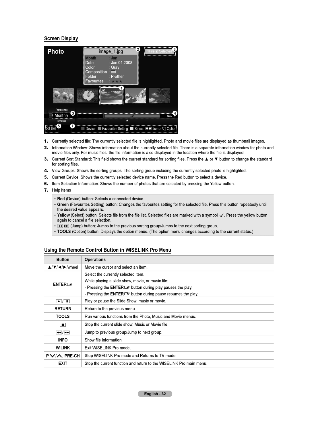 Samsung 9 Series user manual Screen Display, Using the Remote Control Button in Wiselink Pro Menu, ∂/∑ 